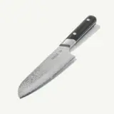 A chef's knife with a damascus pattern blade and black handle is displayed against a grey background.