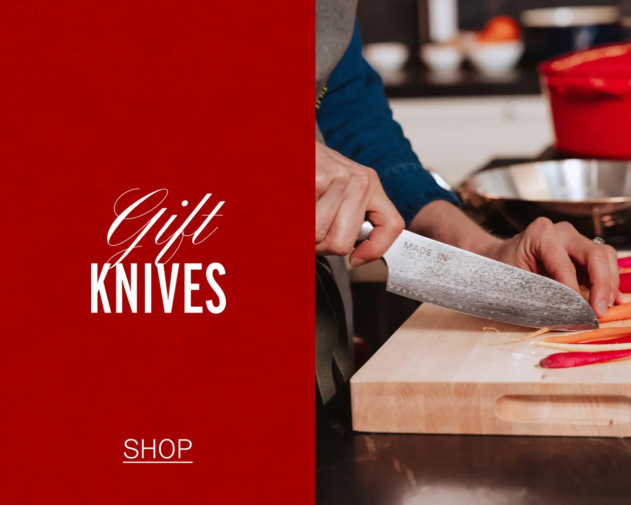 A person is slicing vegetables on a wooden cutting board with a chef's knife, accompanied by text promoting gift knives.