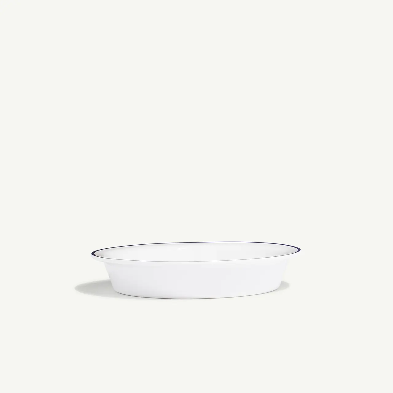 A white enamel bowl with a blue rim sits centered against a plain background.