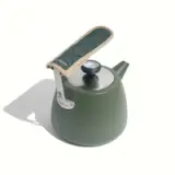 A green kettle with a stainless steel lid and a quilted handle, featuring a temperature gauge.