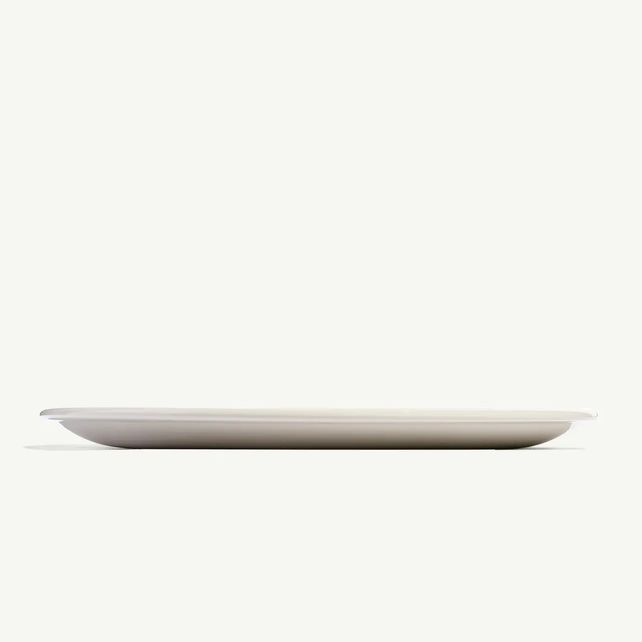 A side view of a simple white plate against a light background, showing its thin profile.