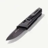 A sleek, black folding knife is displayed with a partially open blade.