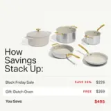 Five cookware pieces are displayed alongside promotional text highlighting savings of $495 during a Black Friday sale, including a free Dutch oven.