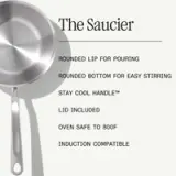 A stainless steel saucier is featured, highlighting its rounded lip for pouring, rounded bottom for stirring, stay cool handle, oven safety up to 800°F, and induction compatibility.