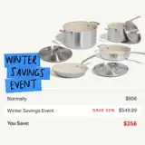 A collection of cookware with a “Winter Savings Event” label showcasing a discount from $806 to $549.99.