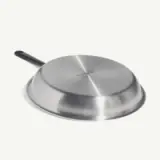 A stainless steel wok lid with a black handle lies upside down on a light background.