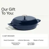 A hand-enameled 3.5-quart braiser in navy blue, made in France and optimized for induction, featuring a lifetime warranty and oven safety up to 580°F.