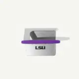 A silver object with a purple handle features the letters "LSU" prominently displayed.