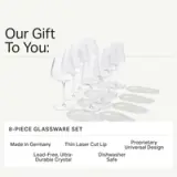An assortment of eight elegant glassware pieces is presented, featuring details about their quality and design.