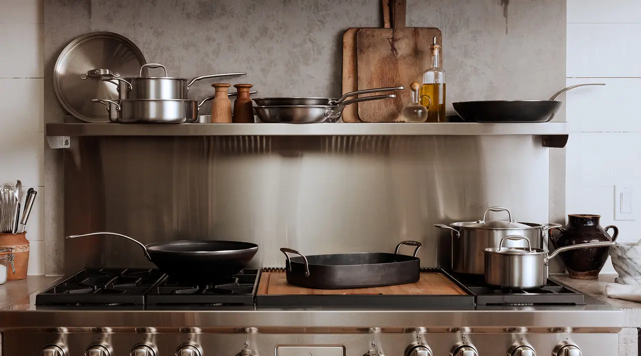 A variety of pots, pans, and cooking utensils are neatly arranged on a stove and shelf in a tidy kitchen.