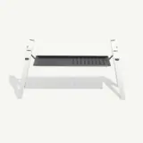 A minimalist laptop stand with an elevated, vented platform is pictured against a white background.