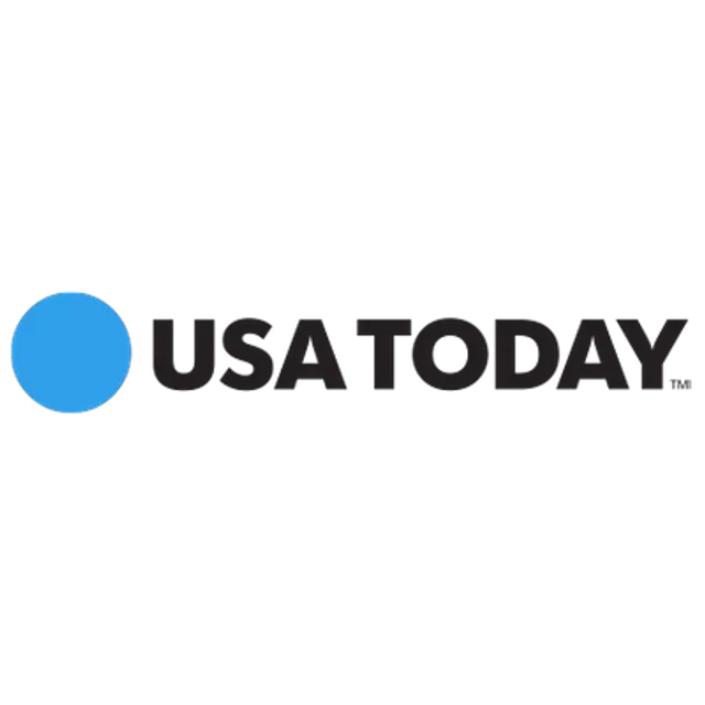 A logo of USA Today features a blue circle and the publication's name in uppercase letters with a red underline beneath "TODAY."