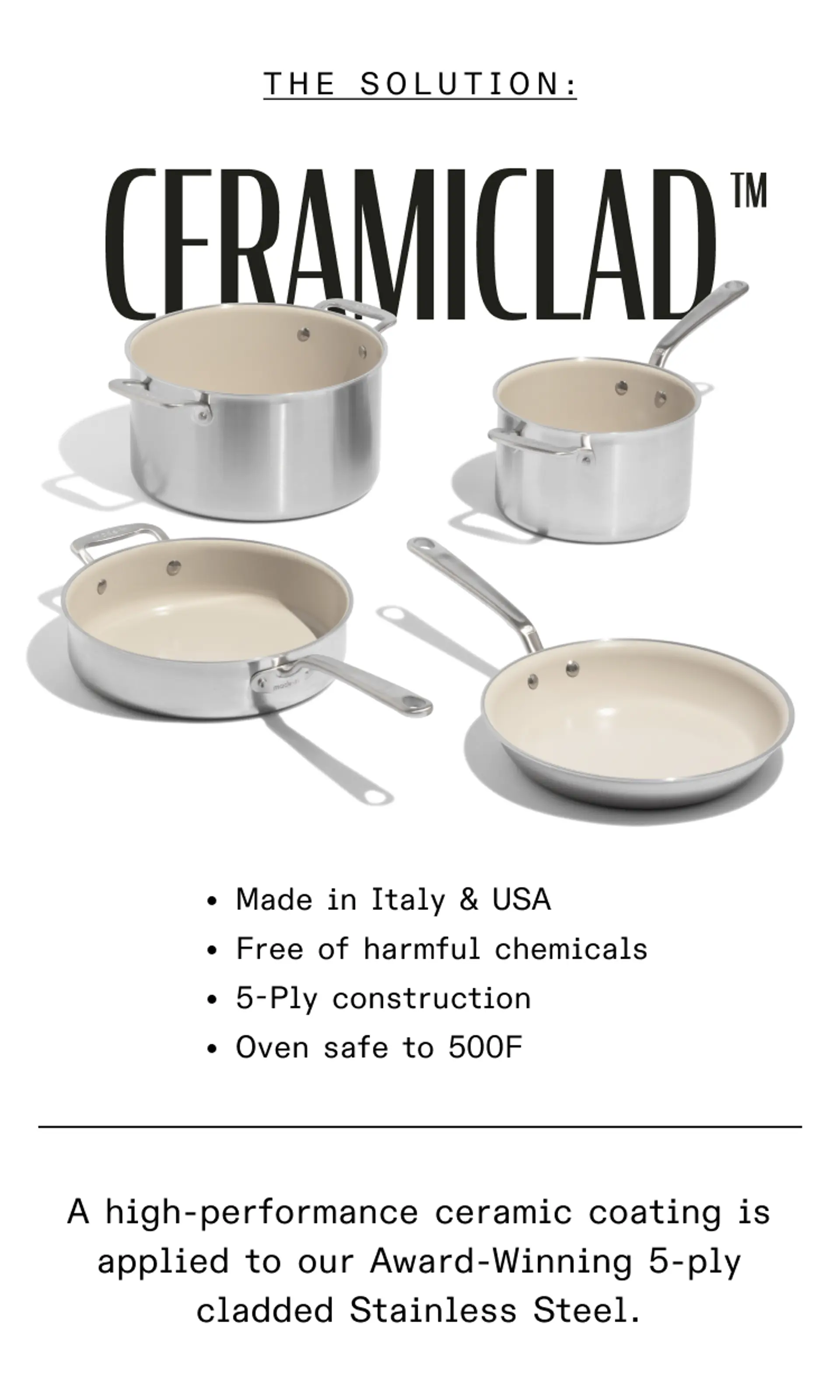 Showcasing Ceramiclad™ cookware, made in Italy and the USA, featuring a high-performance ceramic coating and 5-ply construction, safe for temperatures up to 500°F.