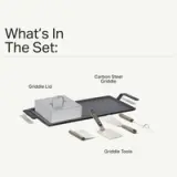 A carbon steel griddle set featuring a lid and various griddle tools is displayed.