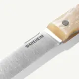 A close-up of a knife featuring a stainless steel blade and a handle made of light-colored material with a decorative metal button.