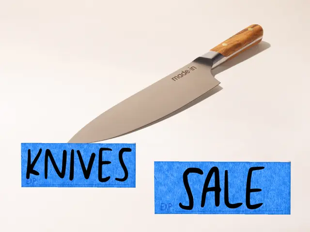 A chef's knife is displayed above two blue signs that read "KNIVES" and "SALE" suggesting a promotional advertisement for discounted kitchen knives.