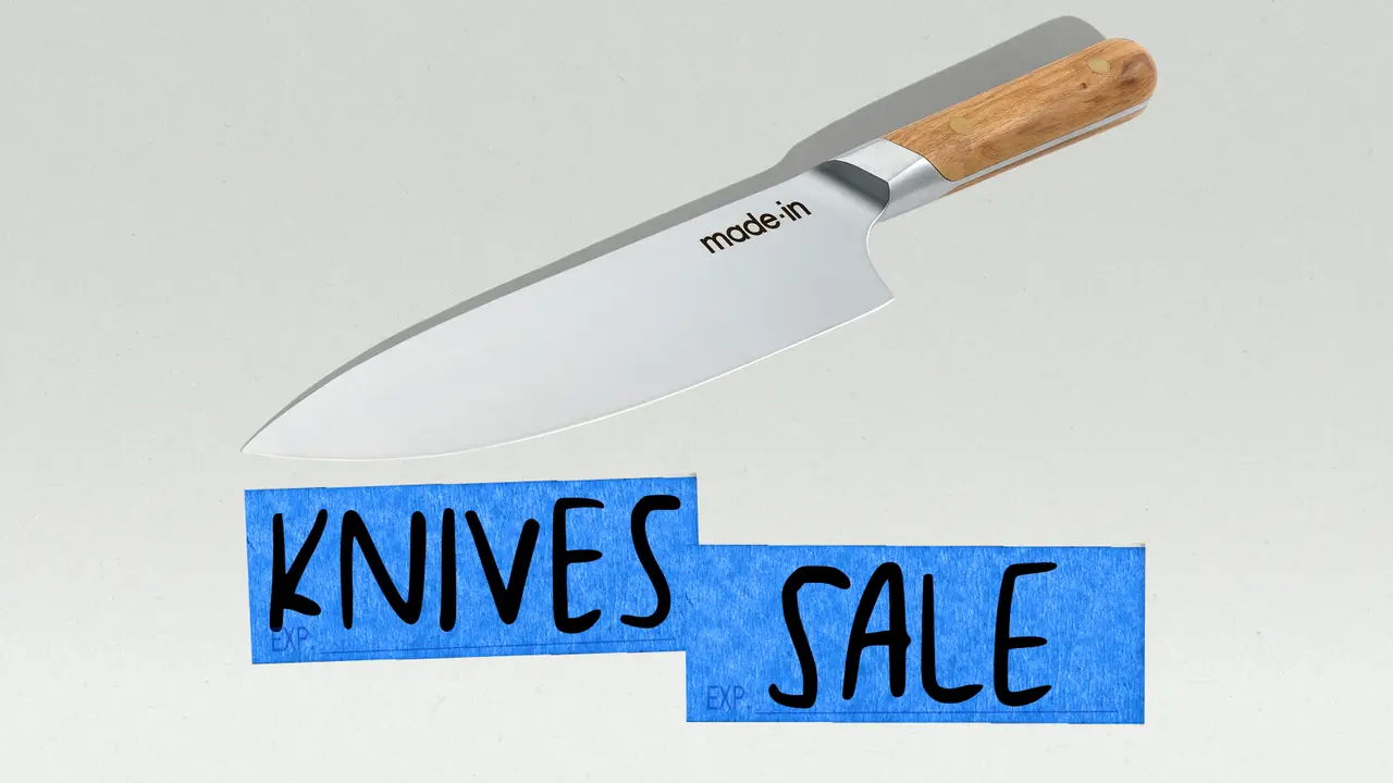 A chef's knife is displayed above a blue tag stating "KNIVES SALE," indicating a promotional offer on cutlery.