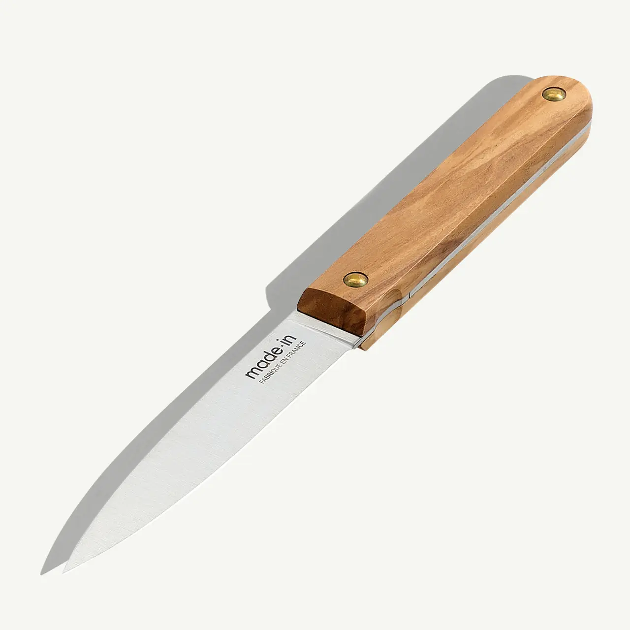 A folding knife with a wooden handle and a stainless steel blade is shown against a light background.