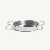 A polished stainless steel shallow pan with two side handles.