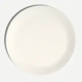An empty white round plate is presented against a light background.
