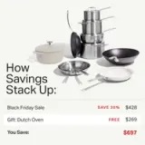 A promotional graphic displays various cookware items with details about a Black Friday sale, including a 30% discount and a free Dutch oven, showcasing a total savings of $697.