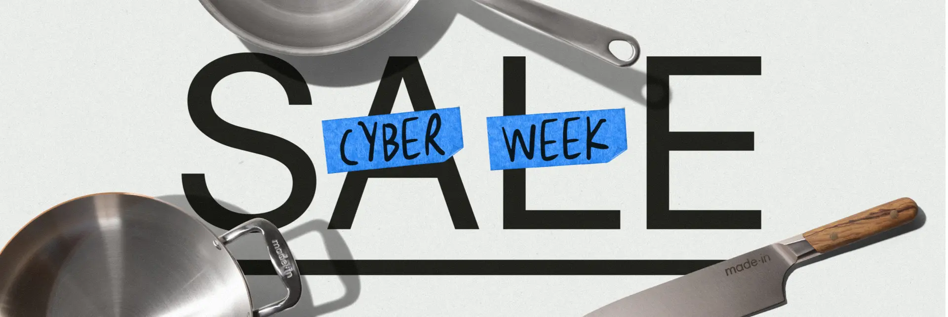 A promotional graphic for a "Cyber Week Sale" featuring an array of cookware including frying pans.