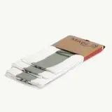 A set of three white dish towels with a green striped design, packaged with a cardboard label that reads "MADE IN."