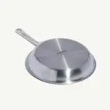 A stainless steel frying pan with a long handle is displayed against a white background.