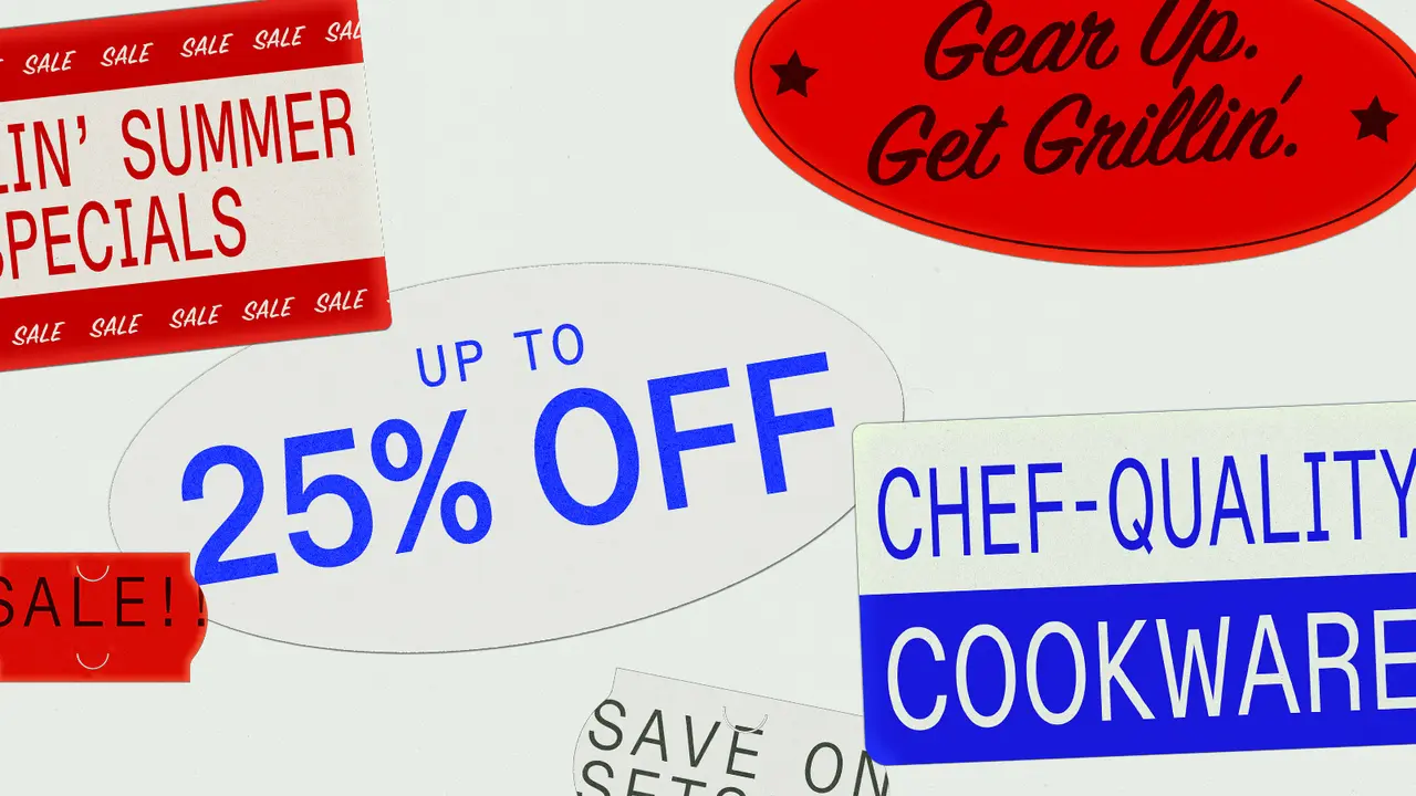 Assorted colorful sale and discount tags advertising summer specials and cookware are scattered across a white background.