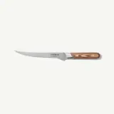 A stainless steel kitchen knife with a polished wooden handle isolated on a white background.