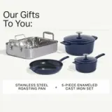 A stainless steel roasting pan is displayed alongside a five-piece enameled cast iron cookware set, featuring a Dutch oven, skillet, and small saucepan.