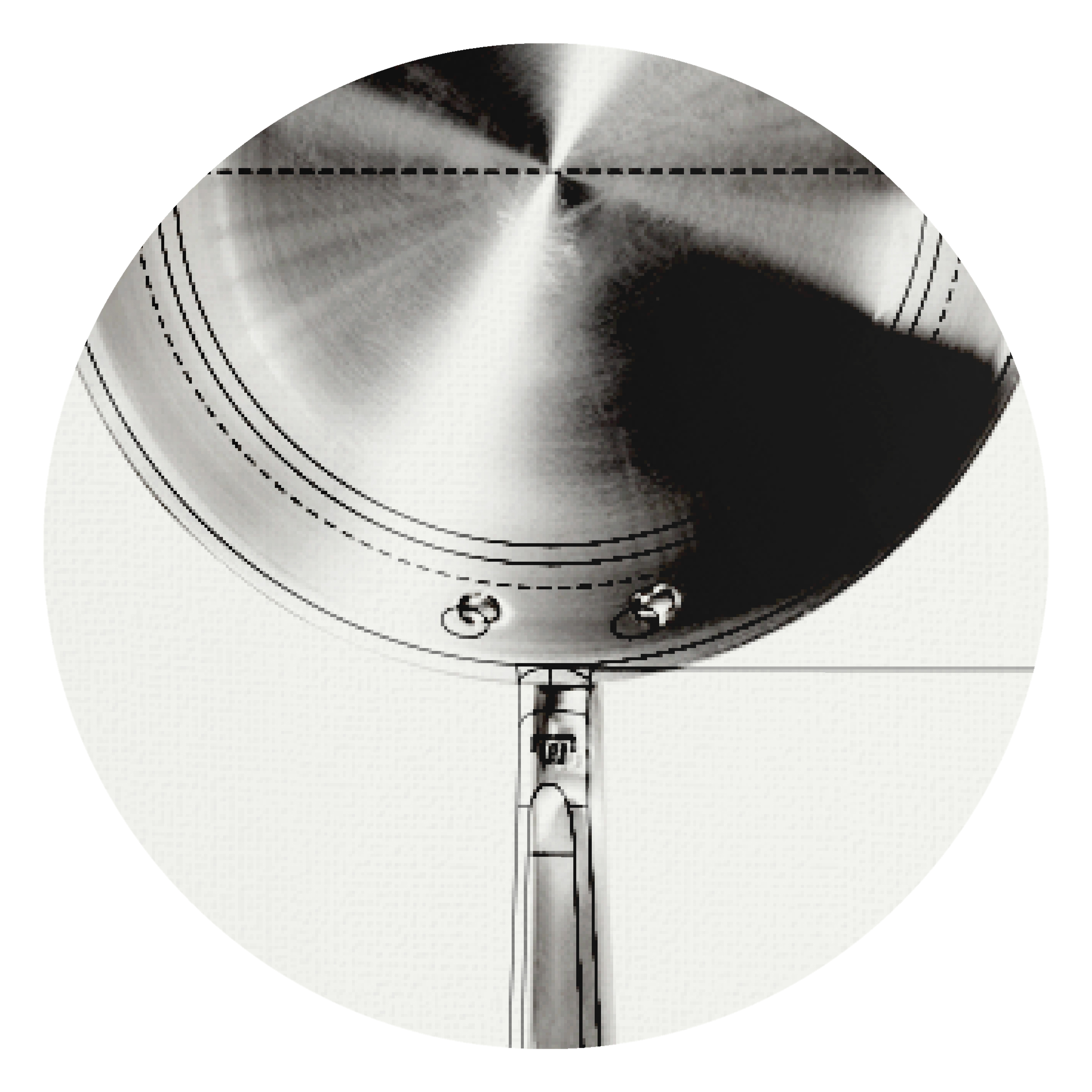 A close-up illustration of a round, metallic cooking pan with a curved edge and attachment points.
