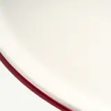 A close-up view of a white plate with a red rim on a plain background.