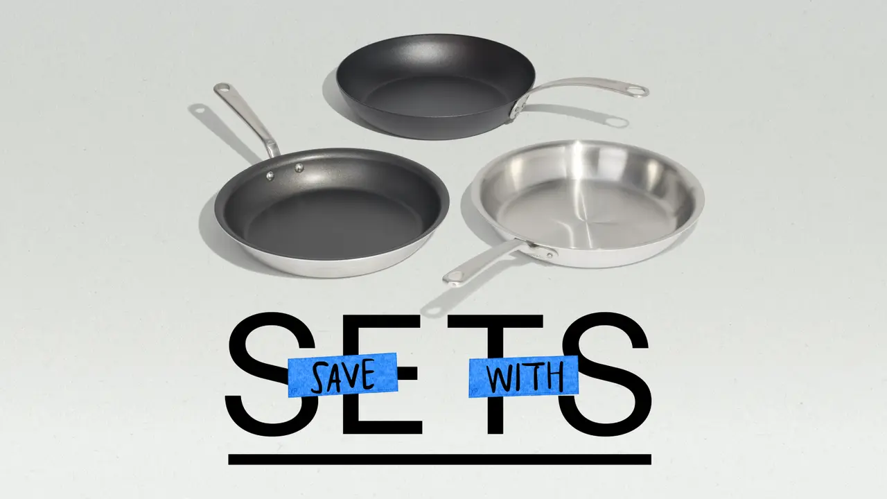 Three frying pans in varying materials are shown with the text "SAVE WITH SETS" prominently displayed.