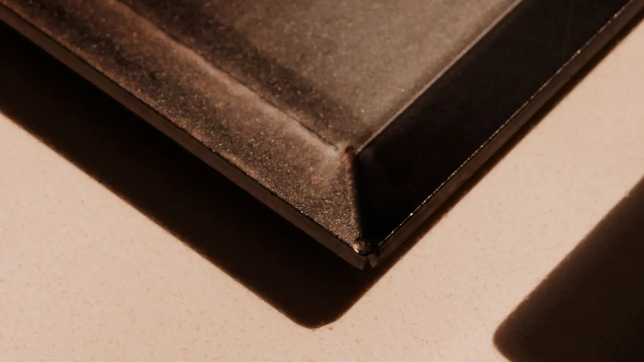 A close-up view of a corner of a dark, possibly worn book lying on a surface in soft lighting.