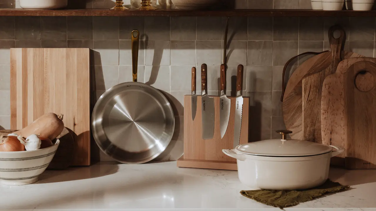 A cozy kitchen scene features wooden cutting boards, a stainless steel frying pan, a set of knives on a wooden block, and a ceramic cooking pot on a marble countertop.