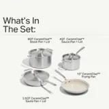 A set of four cookware items includes an 8QT stock pot with lid, a 4QT sauce pan with lid, a 3.5QT sauté pan with lid, and a 10” frying pan.