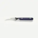 A paring knife with a curved blade and a navy blue handle rests against a white background.