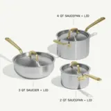Three different sizes of silver cooking pots are displayed, including a 4-quart saucepan with lid, a 3-quart saucier with lid, and a 2-quart saucepan.