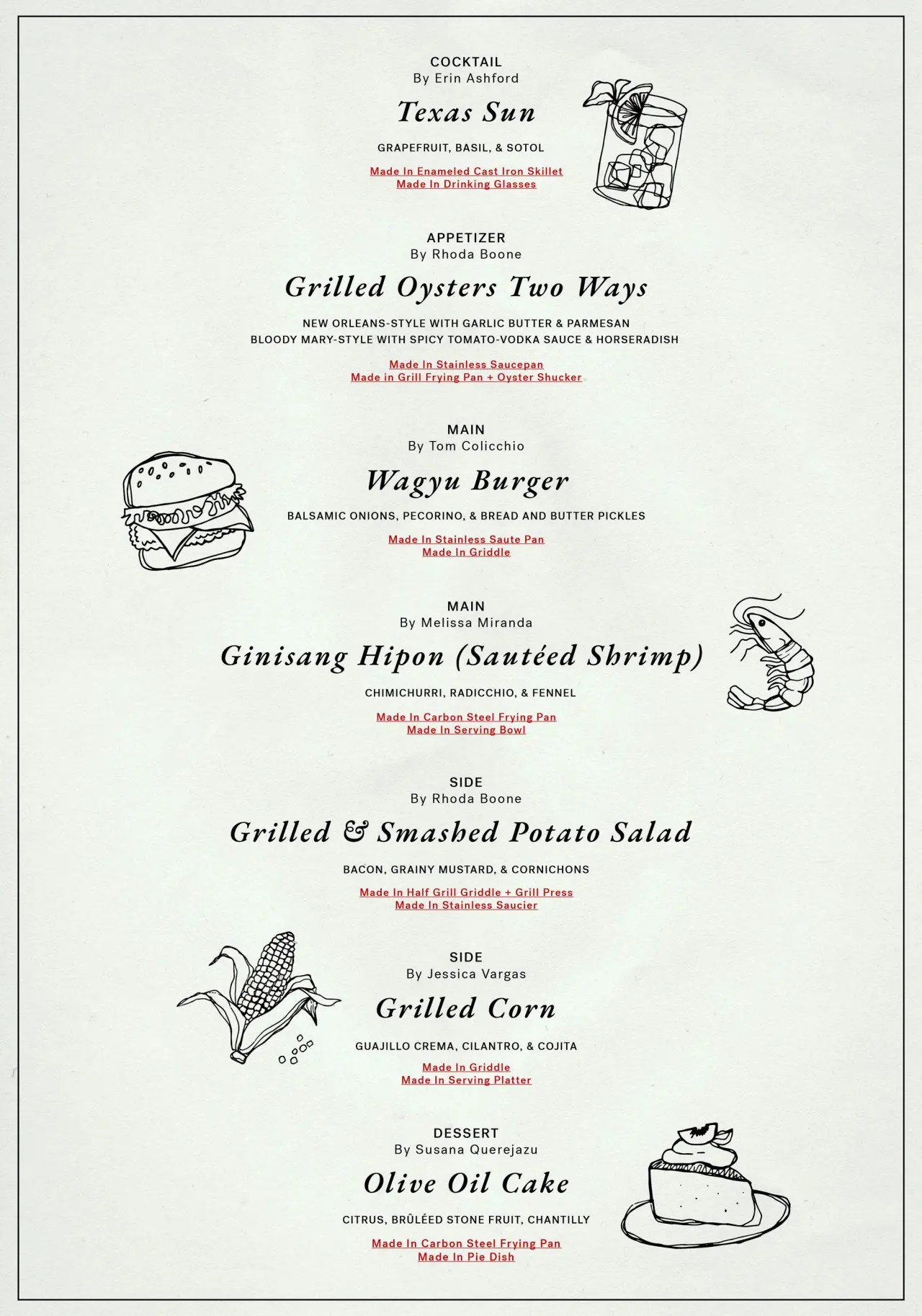 The image displays a menu featuring various dishes and drinks, each accompanied by hand-drawn illustrations, such as a cocktail, a burger, a shrimp, corn, and a cake.