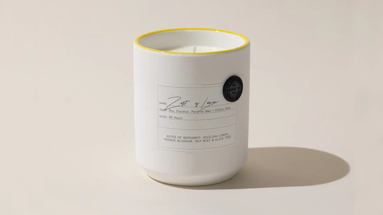 A scented candle with a white label and decorative black seal stands against a neutral background.