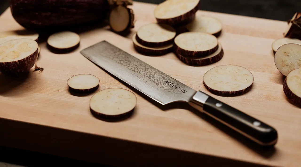 Sliced pieces of eggplant alongside a chef's knife on a wooden cutting board.