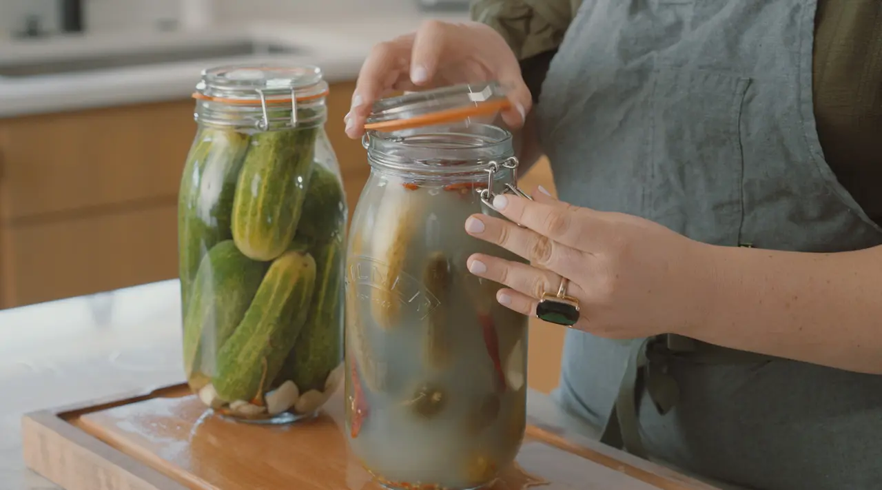 A person is sealing jars of pickles on a wooden cutting board.