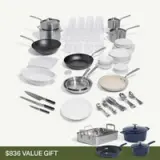A collection of kitchen cookware, utensils, plates, and glasses arranged neatly, highlighting an $836 value gift set.