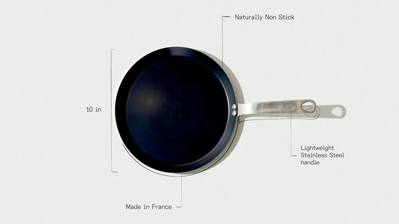 A 10-inch non-stick frying pan with a lightweight stainless steel handle, made in France, is displayed against a light background with descriptive labels.