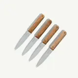 Four wooden-handled kitchen knives are aligned neatly against a light background.