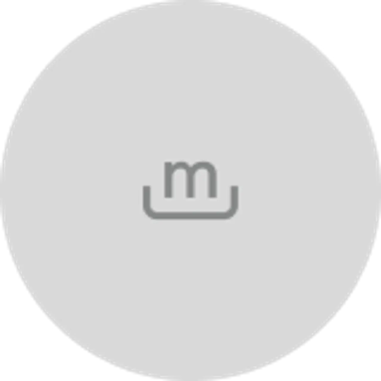 A minimalistic gray circular icon featuring a lowercase 'm' in the center.