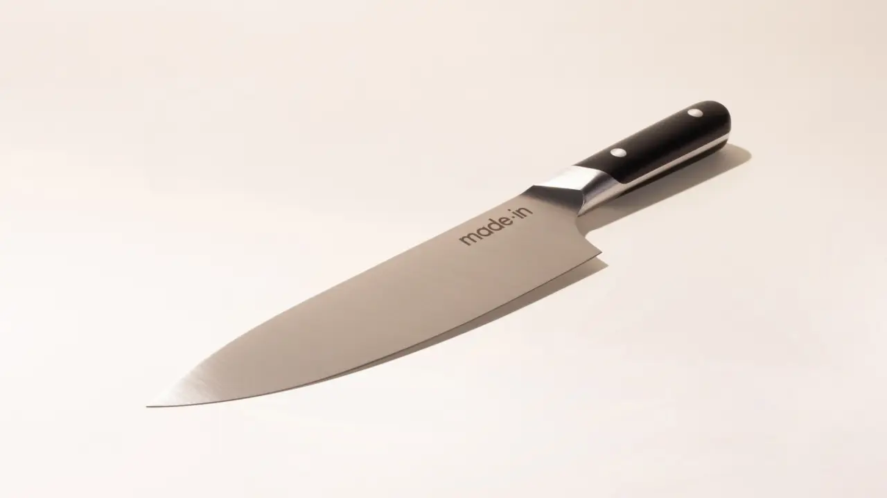 A chef's knife with a black handle is lying on a plain background.