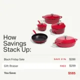 A collection of red cookware is displayed alongside promotional text highlighting a Black Friday sale with significant savings and a free gift item.