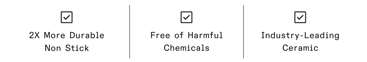 Three checkboxes highlight product features: 2X more durable non-stick, free of harmful chemicals, and industry-leading ceramic.